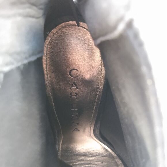 EUC CARESS Black with Silver Studs Open Toed Heeled Boots Zipper Closure Size 9 - Picture 2 of 8